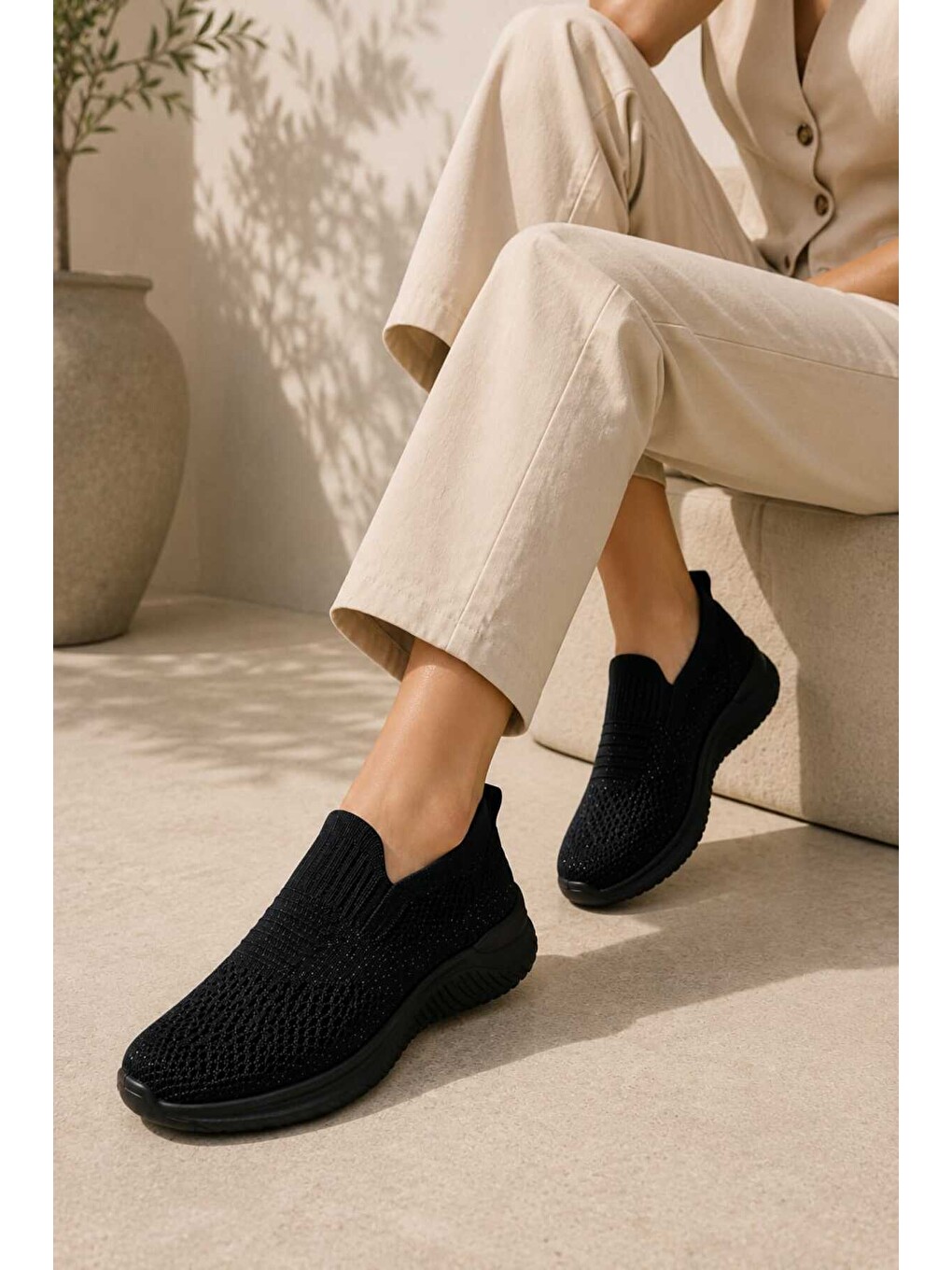 Siyah Kadın Simli Triko Slip-on Günlük Sneaker Hafif Konfor Yürüyüş Ayakkabısı-3