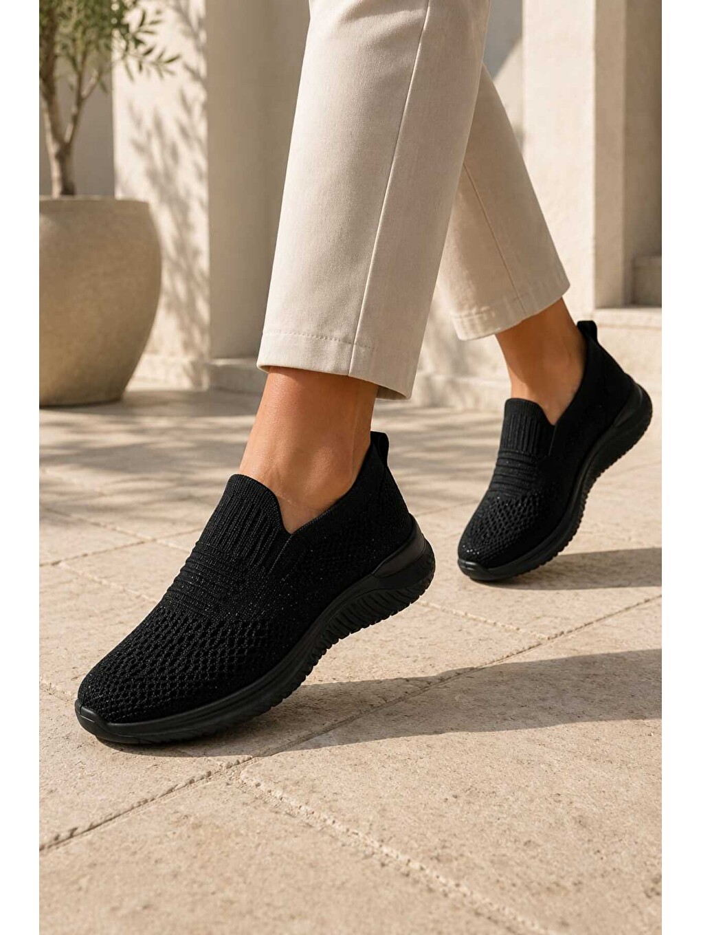 Siyah Kadın Simli Triko Slip-on Günlük Sneaker Hafif Konfor Yürüyüş Ayakkabısı-5