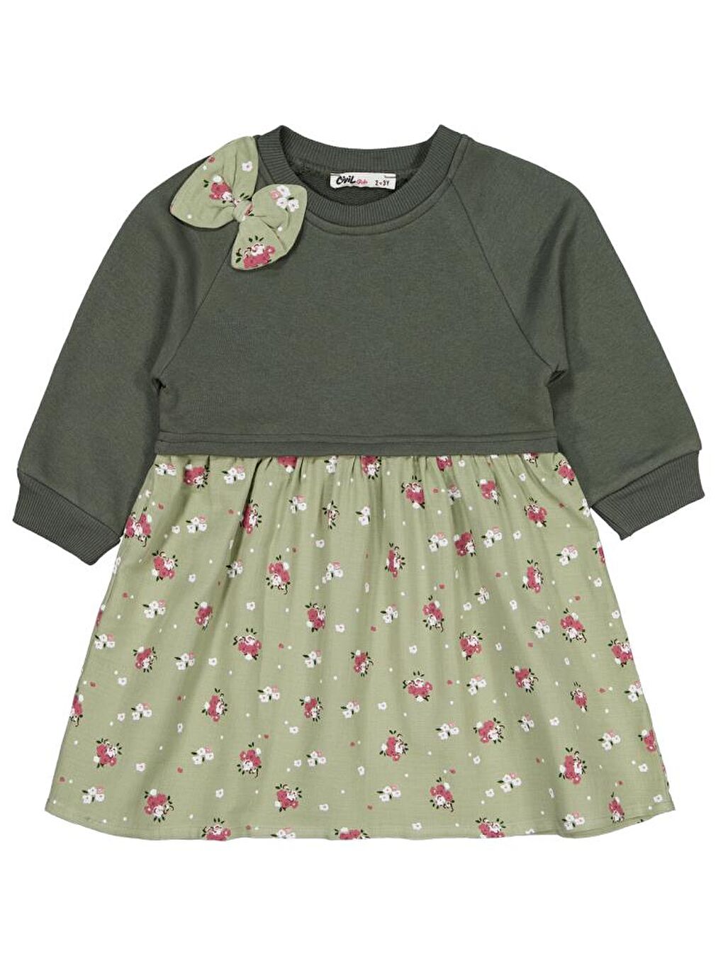 Girls Çiçek Desenli 2-5 Yaş Elbise - Haki 5-6 Yaş