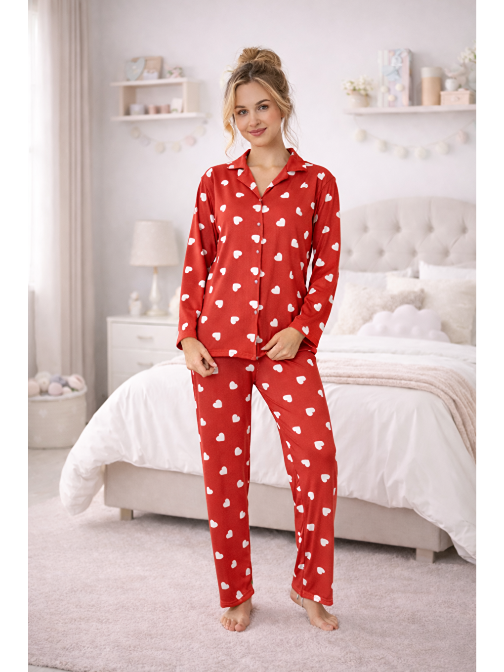 Kırmızı Kadın Kalpli Kaliteli Milan Kumaş Gömlek Yaka Düğmeli Yumuşak Tuşe Pijama Takımı-1