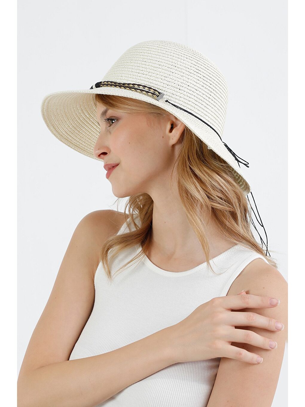 Ekru Deri Detaylı Boncuklu Hasır Şapka-2