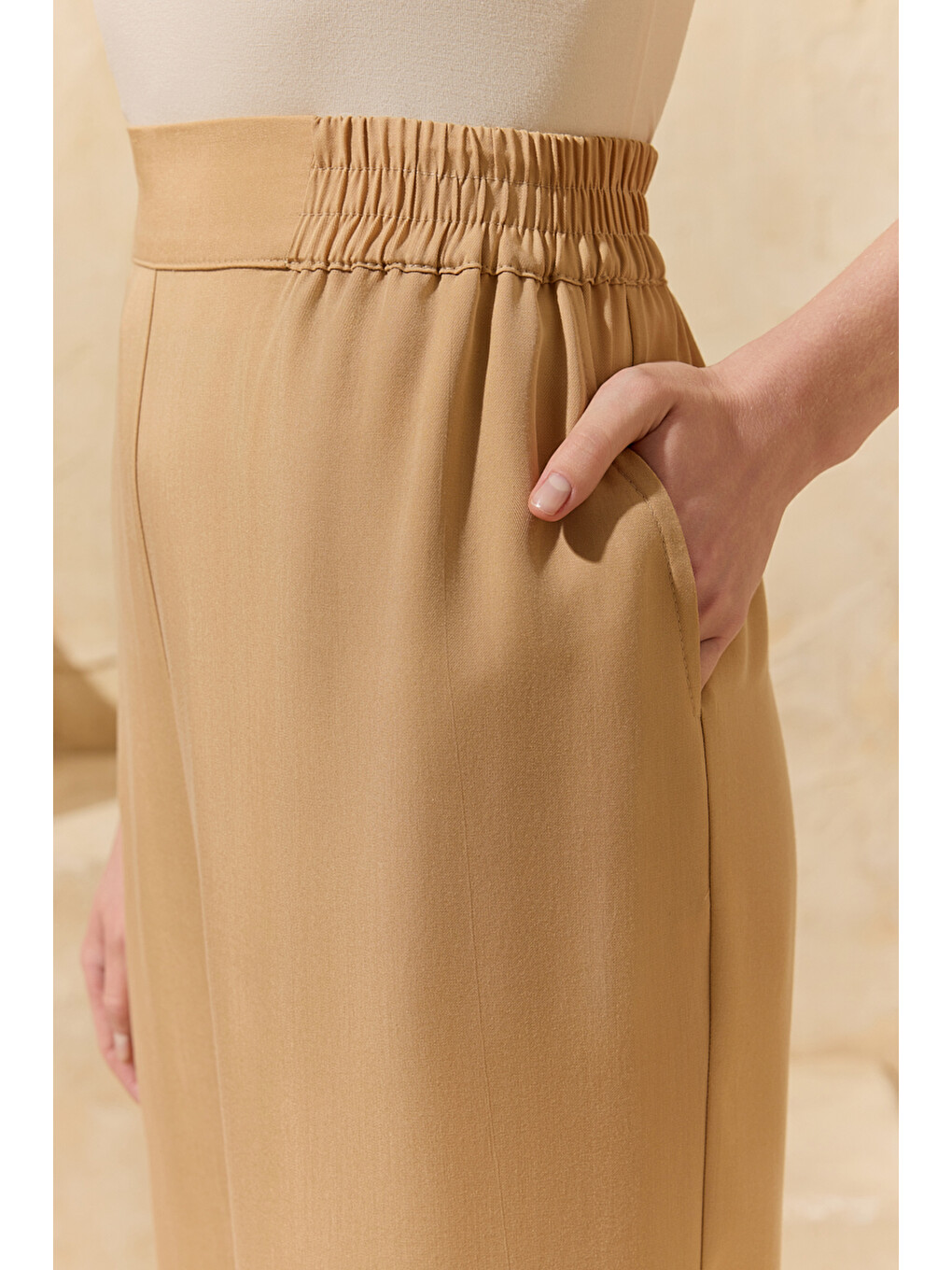 Kahverengi Camel Yarım Lastikli Pantolon-3