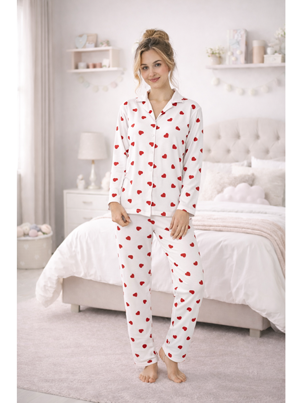 Beyaz Kadın Kalpli Kaliteli Milan Kumaş Gömlek Yaka Düğmeli Yumuşak Tuşe Pijama Takımı-2