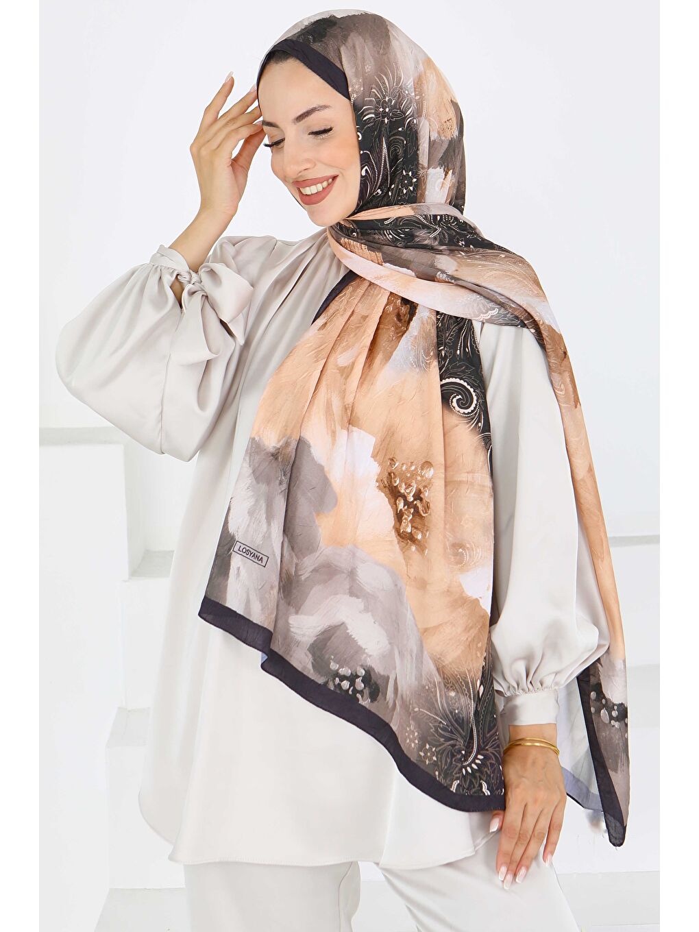 Bej Kıraş Büyük Çiçek Desenli Şal Vizon - 27621-1