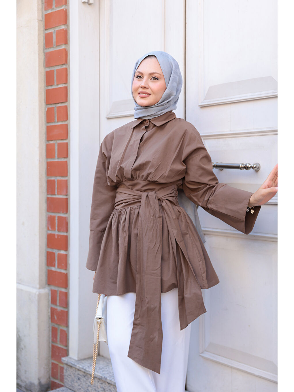 Kadın Bali Poplin Gömlek Kahverengi-4