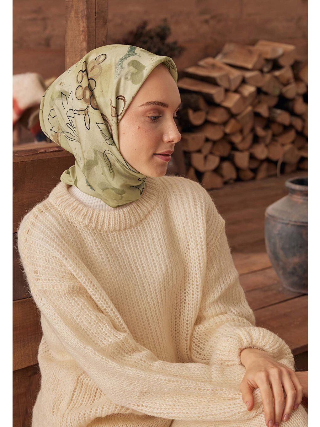 Hera Desen Pamuk İpek Eşarp Açık Yeşil-1