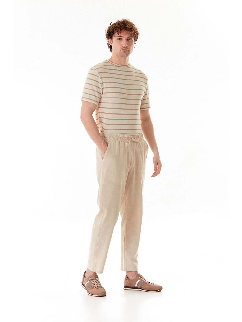 Bej Beli Lastikli Cepli Regular Fit Keten Pantolon