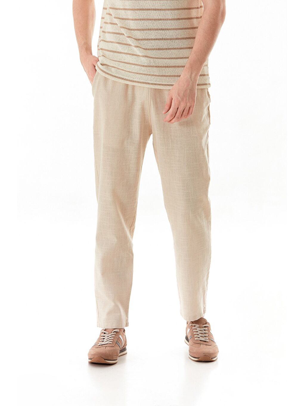 Bej Beli Lastikli Cepli Regular Fit Keten Pantolon-1