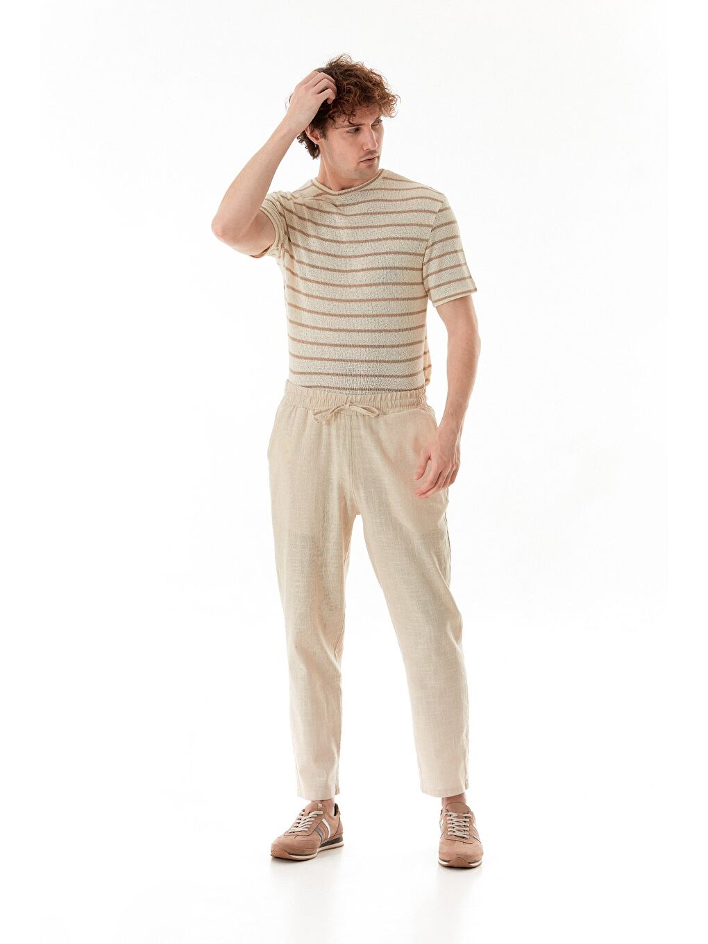 Bej Beli Lastikli Cepli Regular Fit Keten Pantolon-2