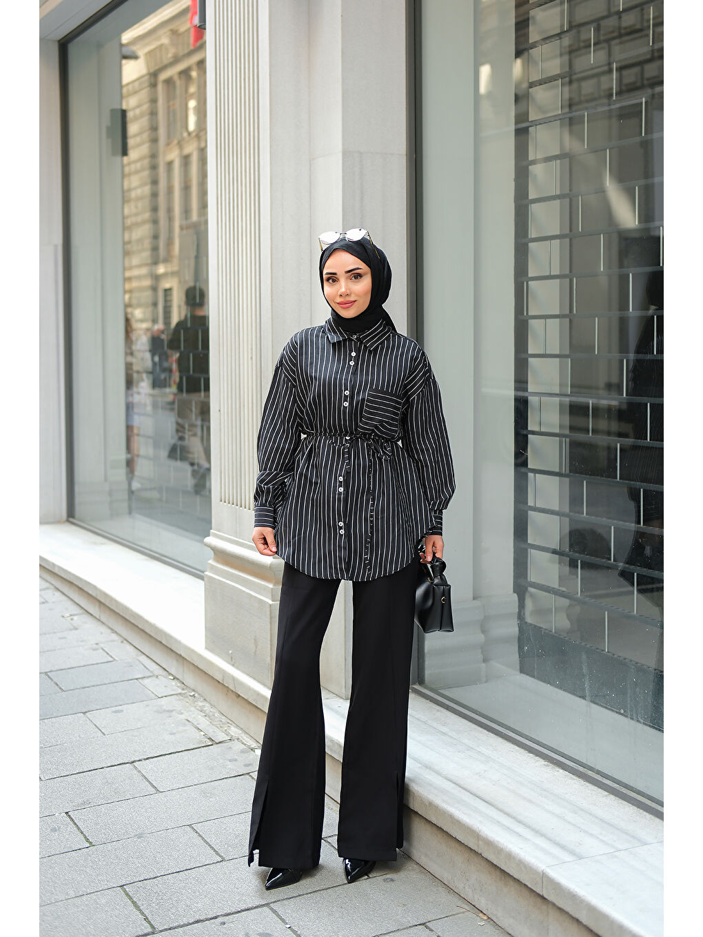 Kadın Çizgili Gömlek Siyah-3