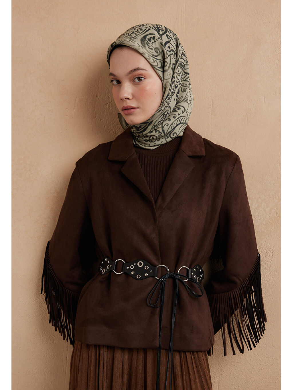 Yeşil Fressıa Desen Pamuk İpek Eşarp Adaçayı