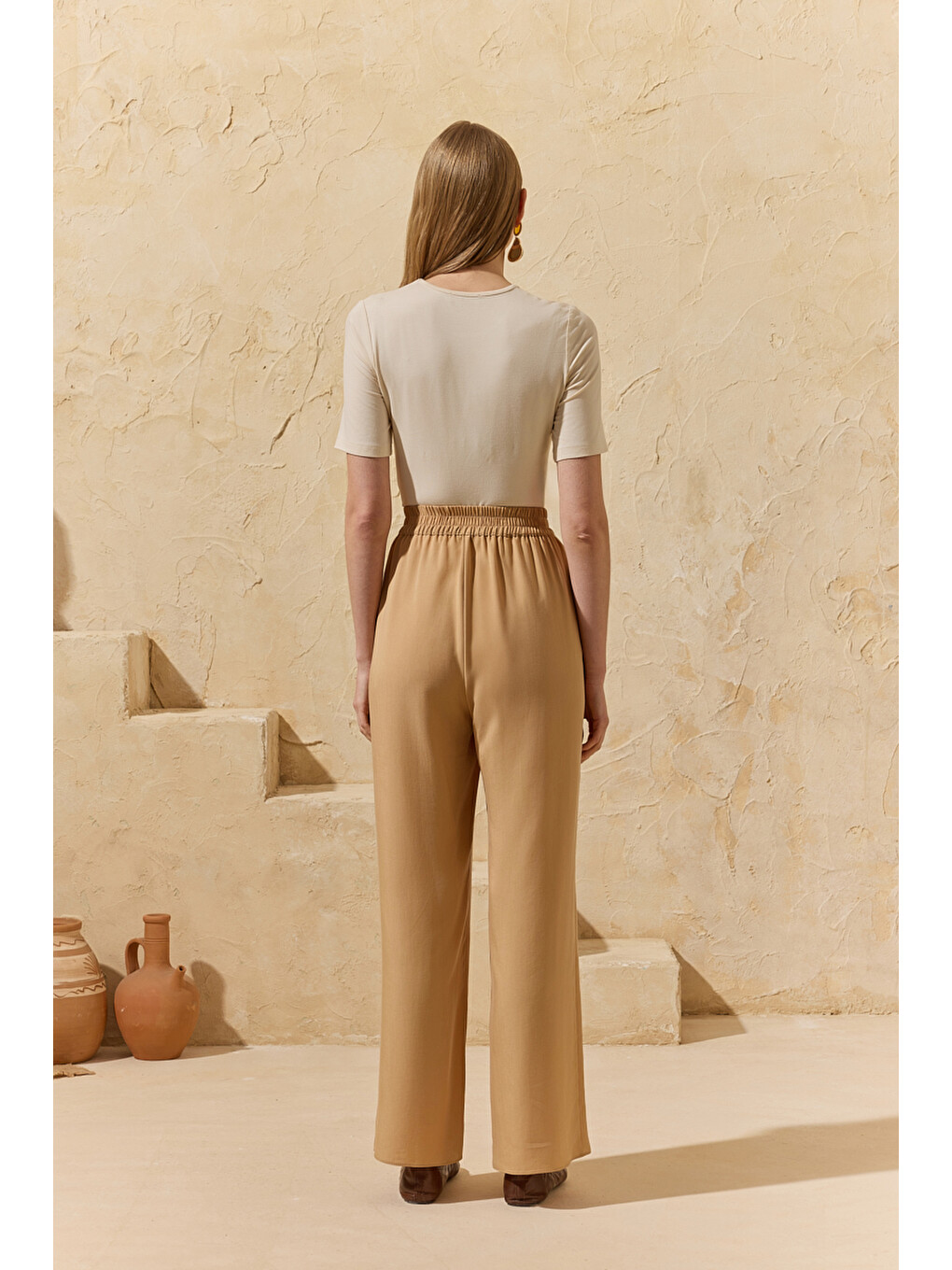 Kahverengi Camel Yarım Lastikli Pantolon-4