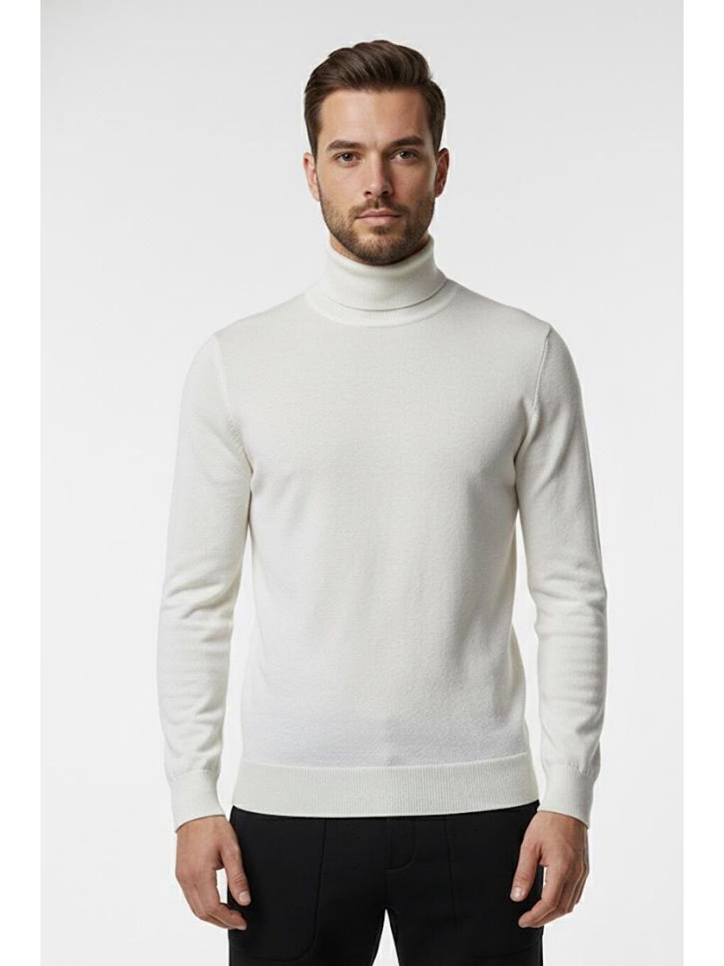 Ekru Regular Fit Pamuklu Yarım Balıkçı Yaka Erkek Triko Kazak