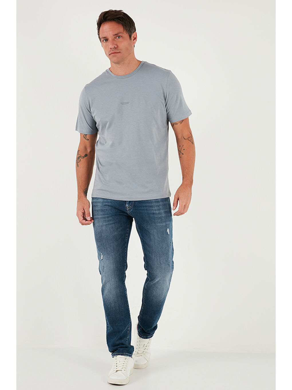 Gri Yazı Detaylı Pamuklu Regular Fit Bisiklet Yaka T Shirt 59020203-1