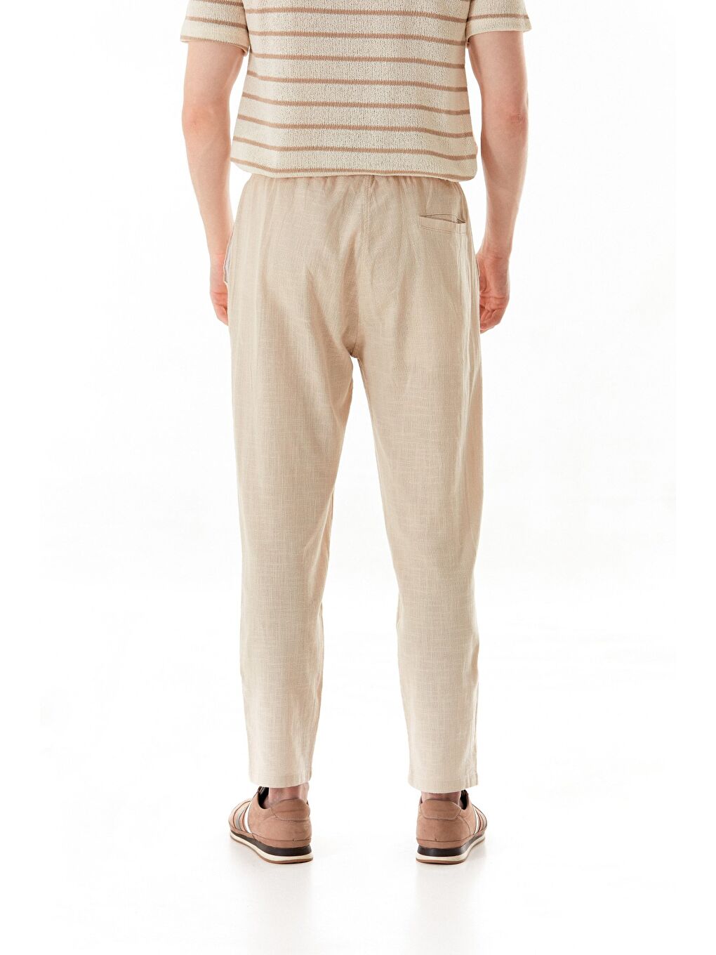 Bej Beli Lastikli Cepli Regular Fit Keten Pantolon-4