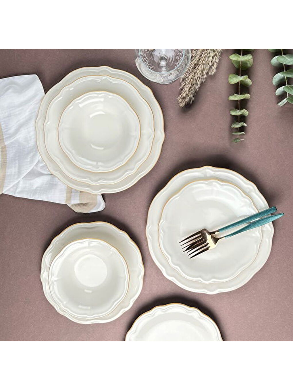 Fulya Altın File 24 Parça Yemek Takımı - Beyaz