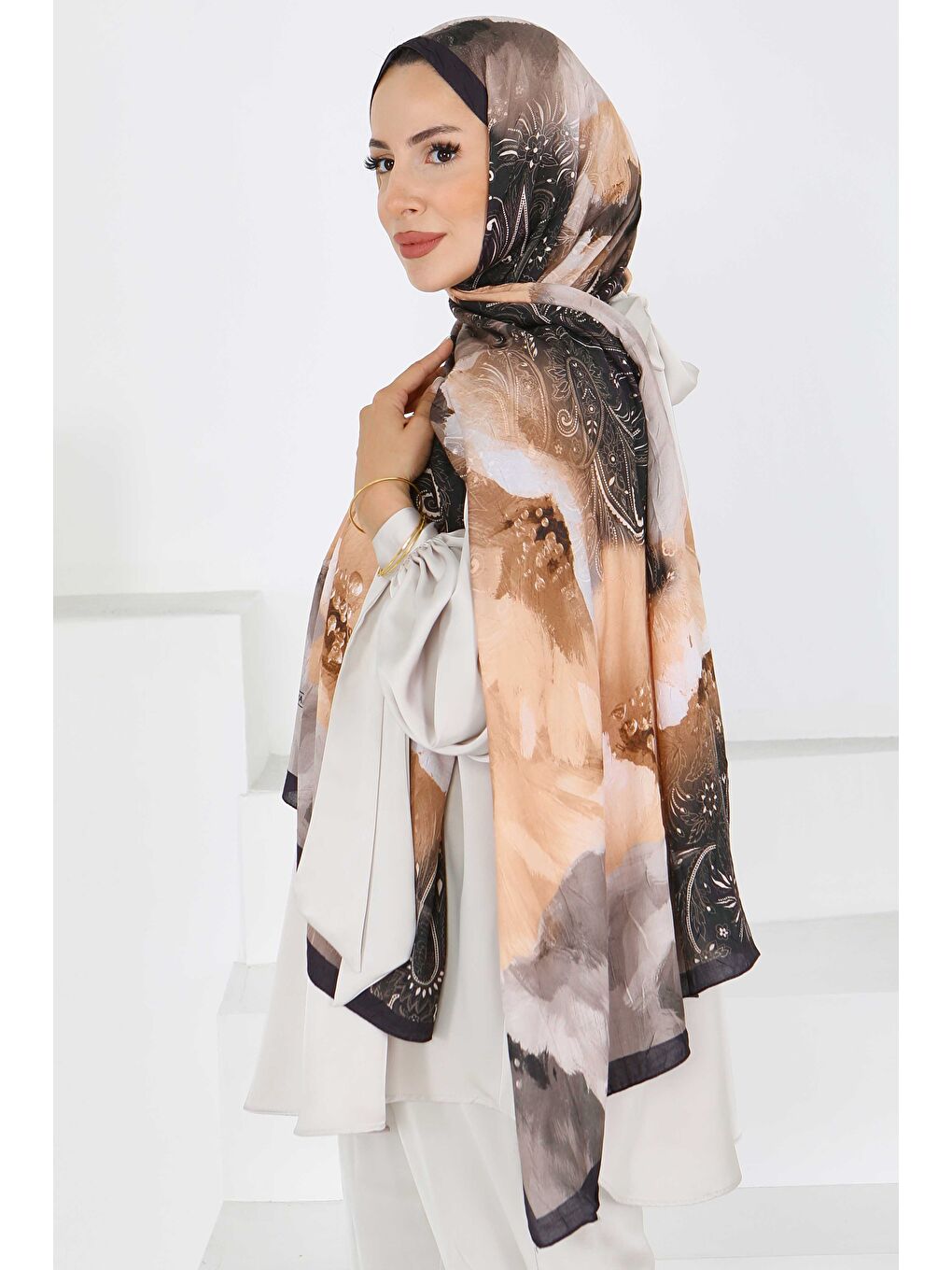 Bej Kıraş Büyük Çiçek Desenli Şal Vizon - 27621-2