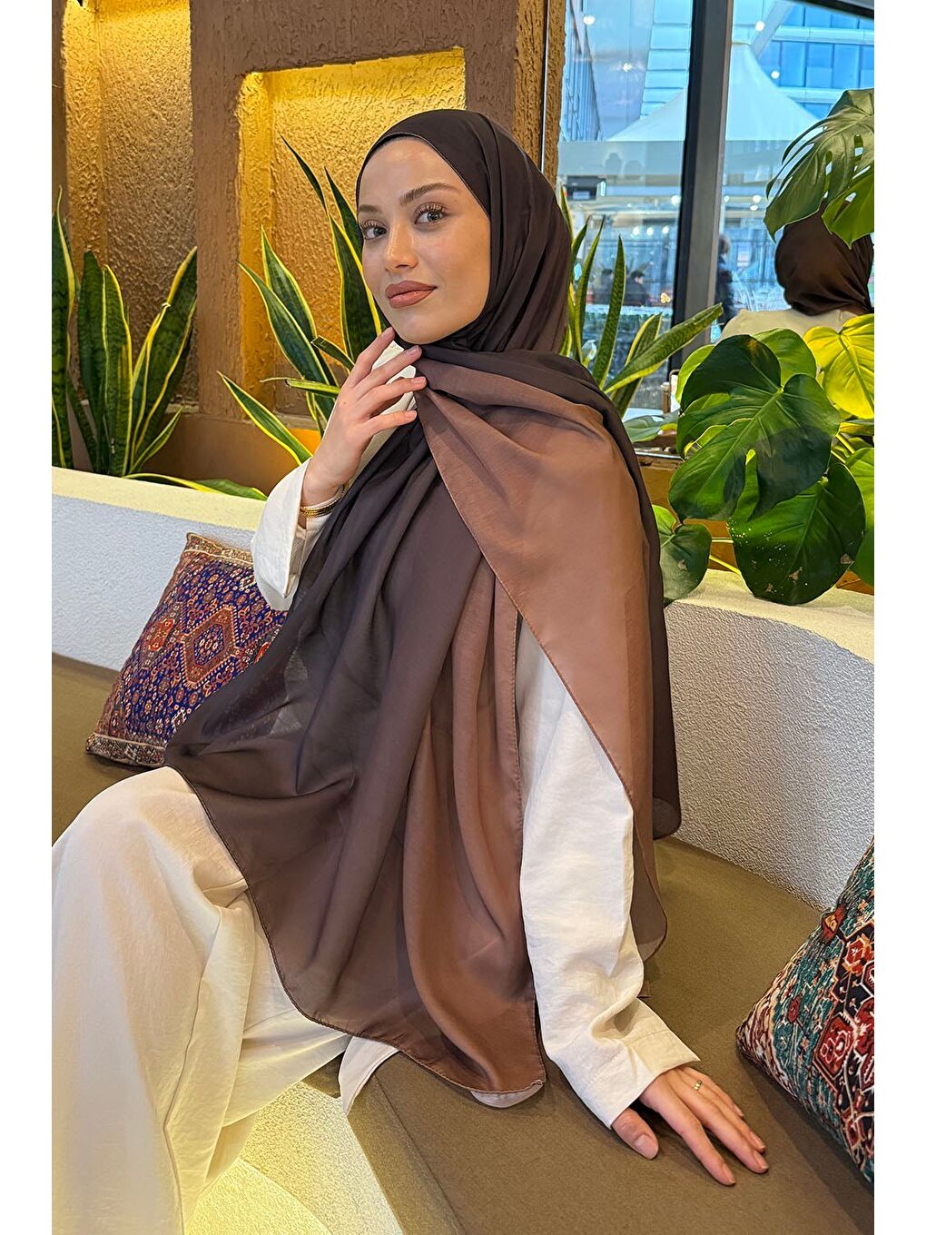 Kahverengi Degrade Desen Soft Şal Sütlü Kahve-1