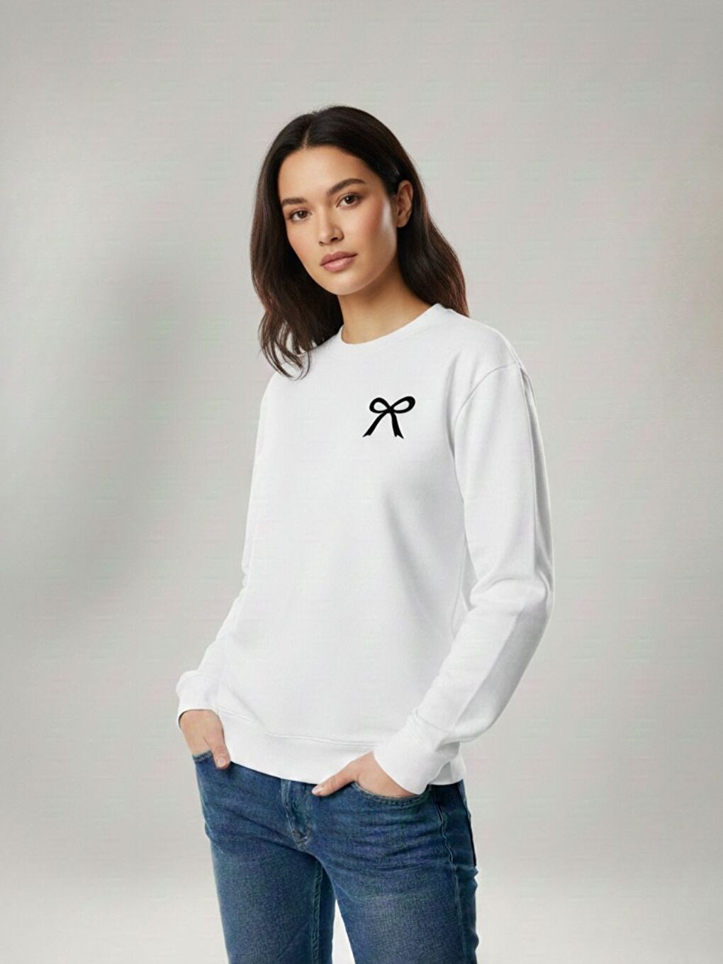Kadın Beyaz Kurdele Baskılı Oversize Bisiklet Yaka Sweatshirt