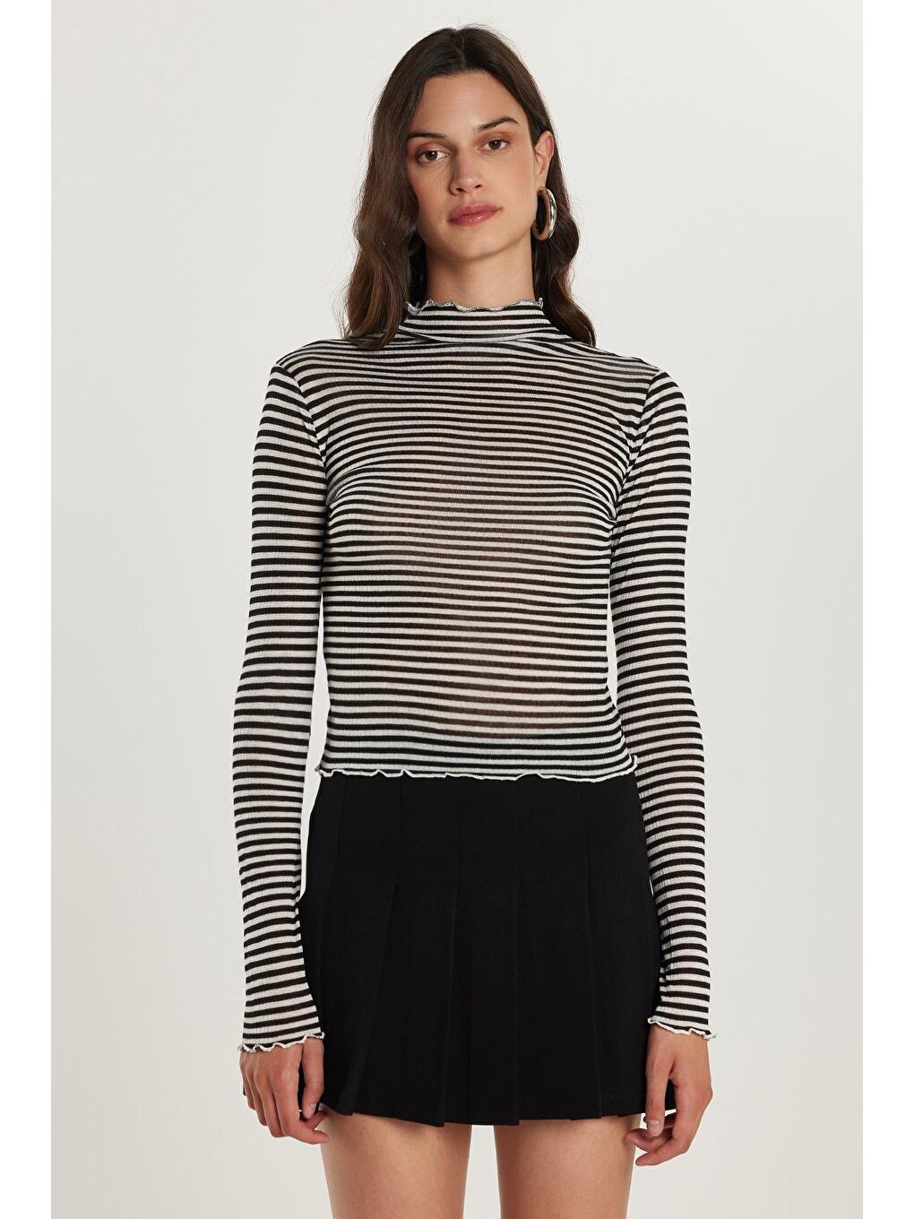 Karışık Kadın Slim Fit Dar Kesim Uzun Kollu Çizgili Yarım Balıkçı Yaka Bluz-3