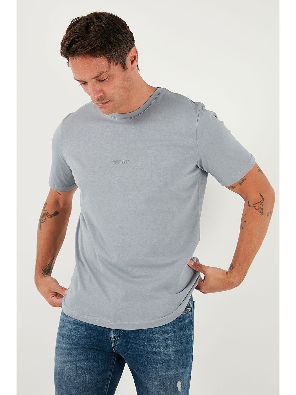 Gri Yazı Detaylı Pamuklu Regular Fit Bisiklet Yaka T Shirt 59020203-2