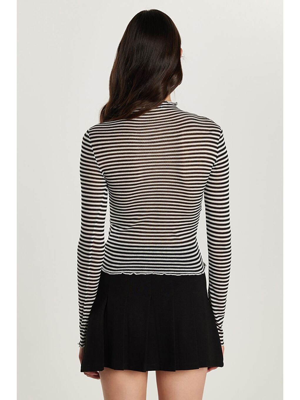 Karışık Kadın Slim Fit Dar Kesim Uzun Kollu Çizgili Yarım Balıkçı Yaka Bluz-4