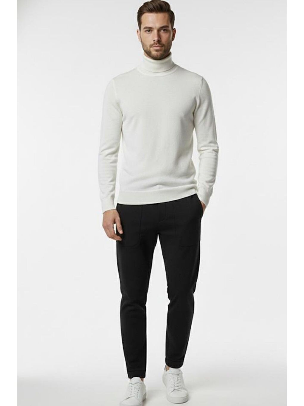 Ekru Regular Fit Pamuklu Yarım Balıkçı Yaka Erkek Triko Kazak-3