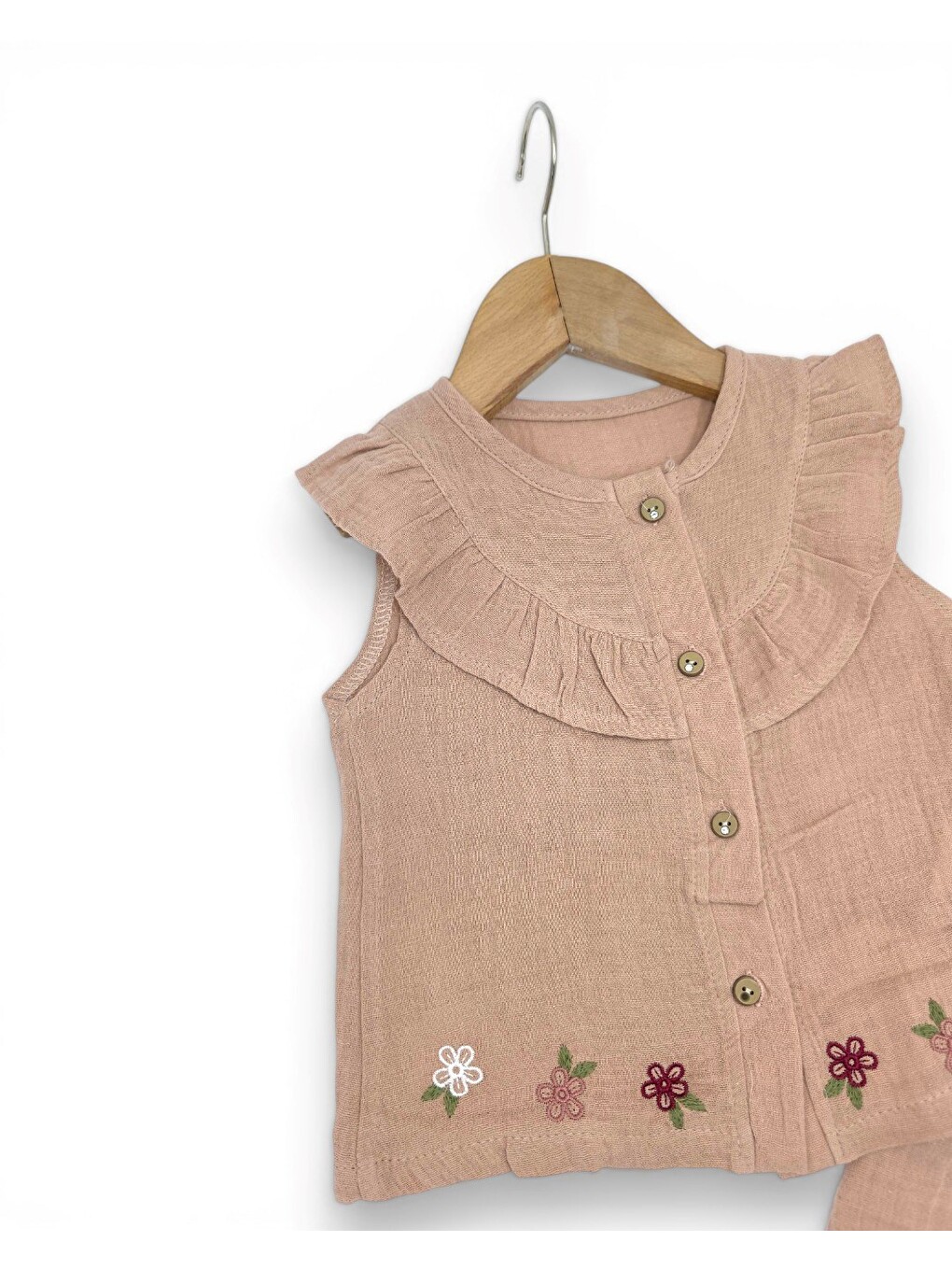 Pembe Kız Bebek Yazlık Müslin Çiçek Nakışlı Takım-3
