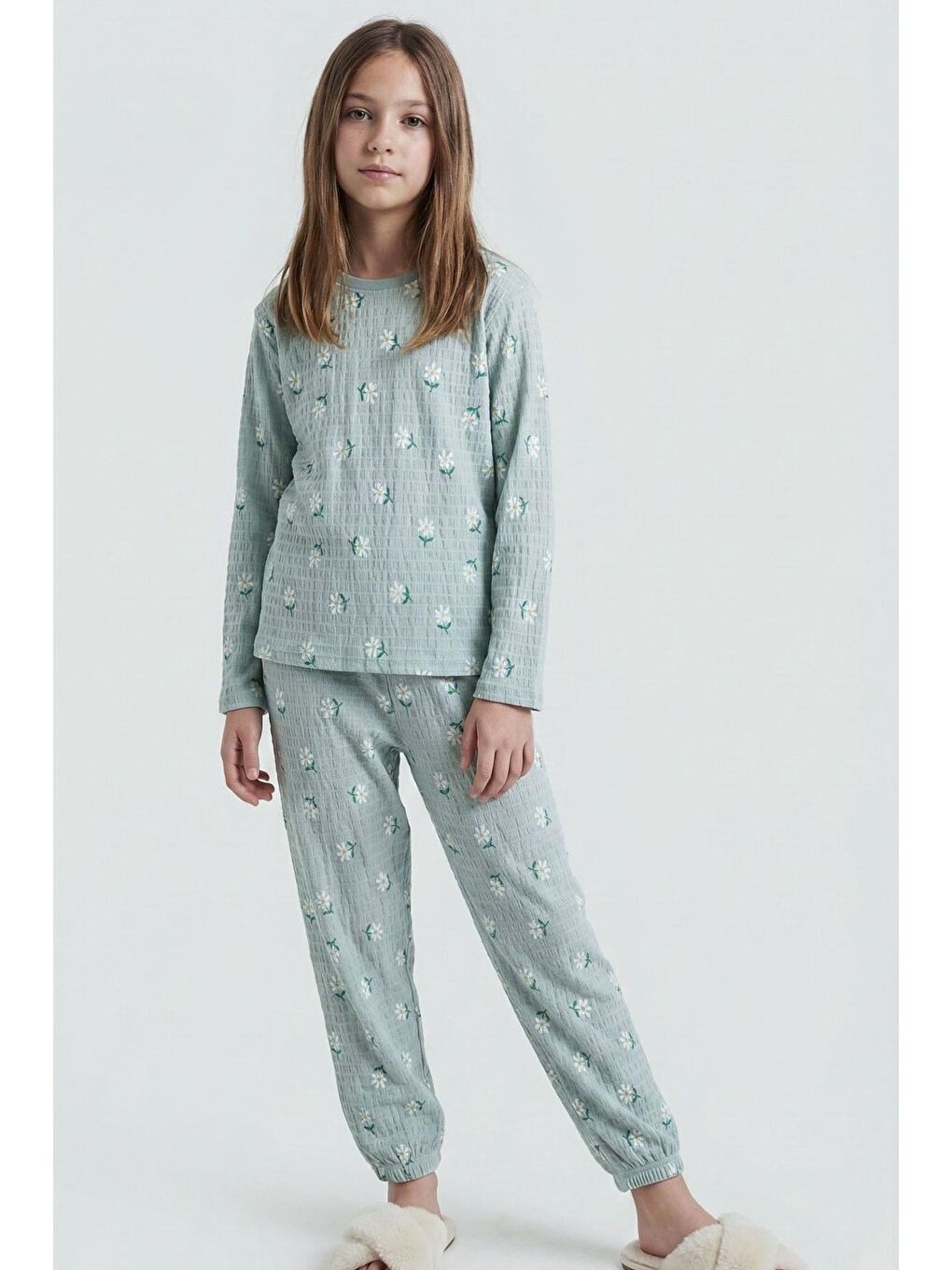 Turkuaz Kız Çocuk Pijama Takımı Papatya Desenli Su Yeşili (9-11 Yaş)