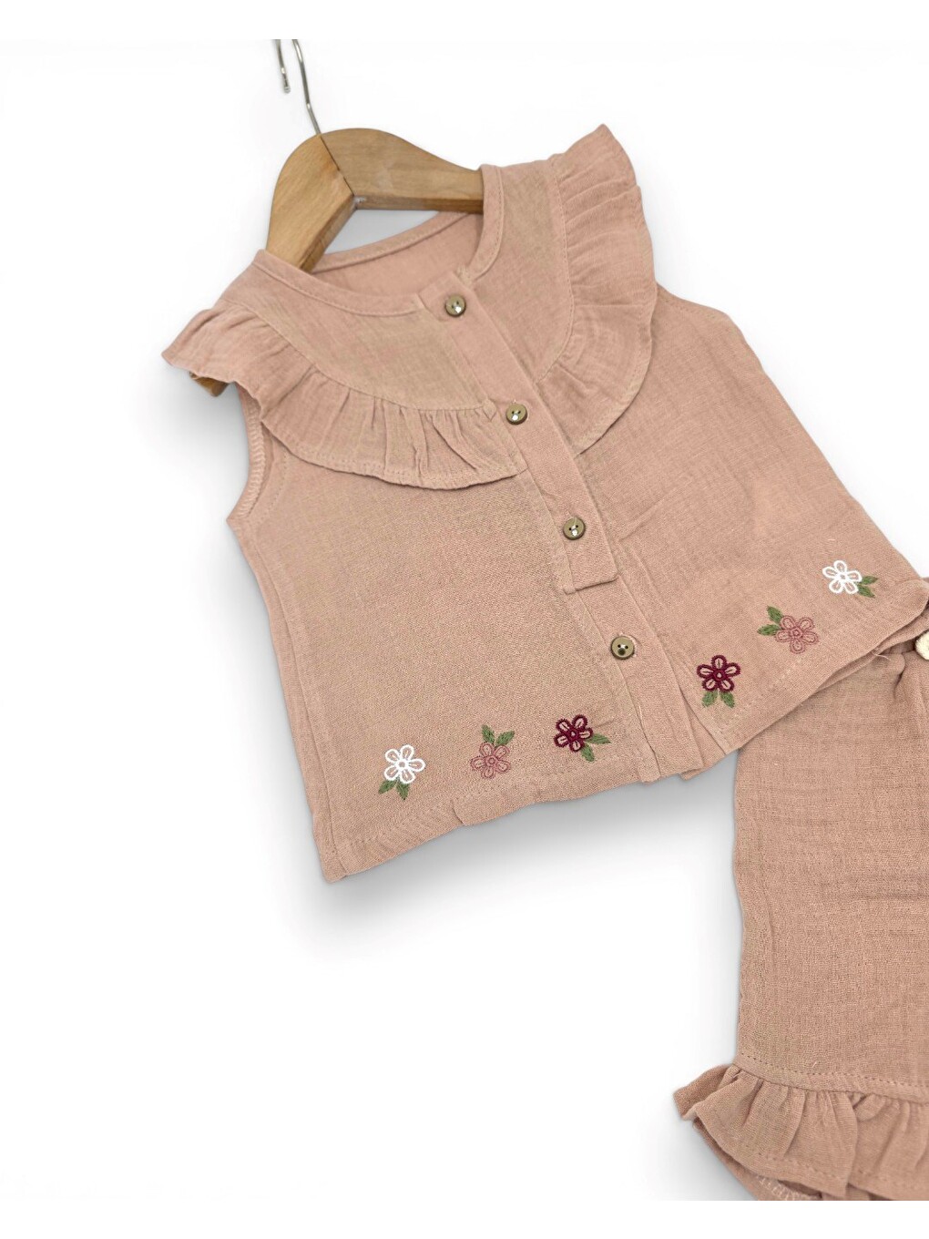 Pembe Kız Bebek Yazlık Müslin Çiçek Nakışlı Takım-4