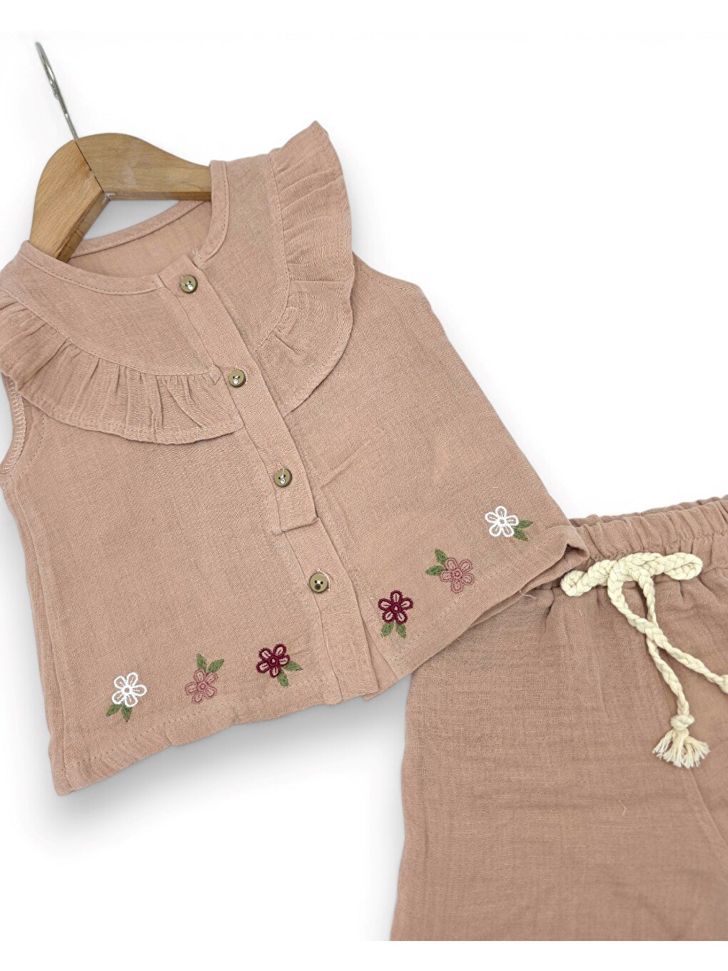 Pembe Kız Bebek Yazlık Müslin Çiçek Nakışlı Takım-5