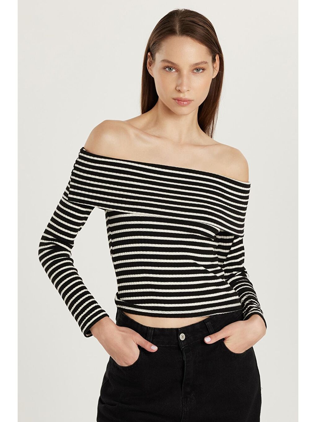 Karışık Kadın Slim Fit Dar Kesim Fitilli Straplez Çizgili Bluz