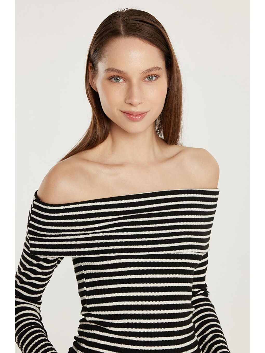 Karışık Kadın Slim Fit Dar Kesim Fitilli Straplez Çizgili Bluz-1