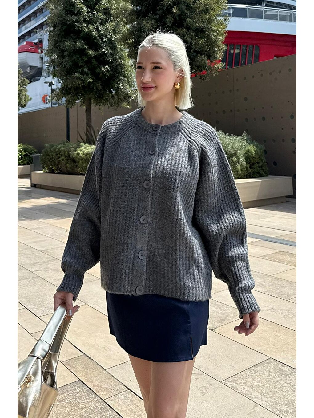 Antrasit Bisiklet Yaka Selanik Örgü Düğmeli Kadın Hırka Mg2487