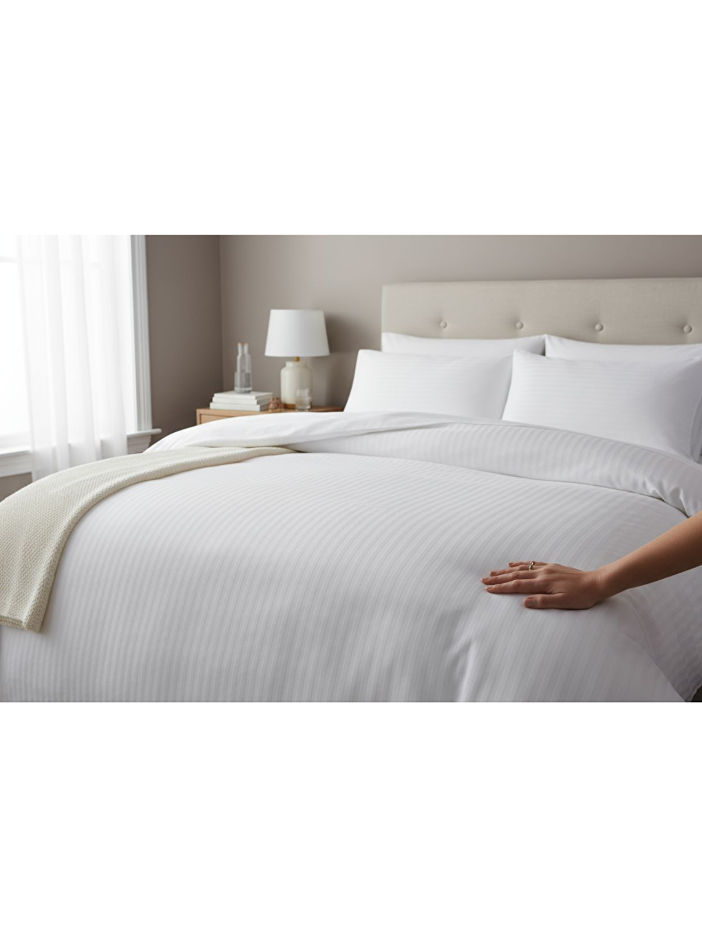 Beyaz Lumira Çizgili Pamuk Saten Nevresim Takımı | Tek Kişilik Premium | 83 Tel Otel Serisi | 160x230-7