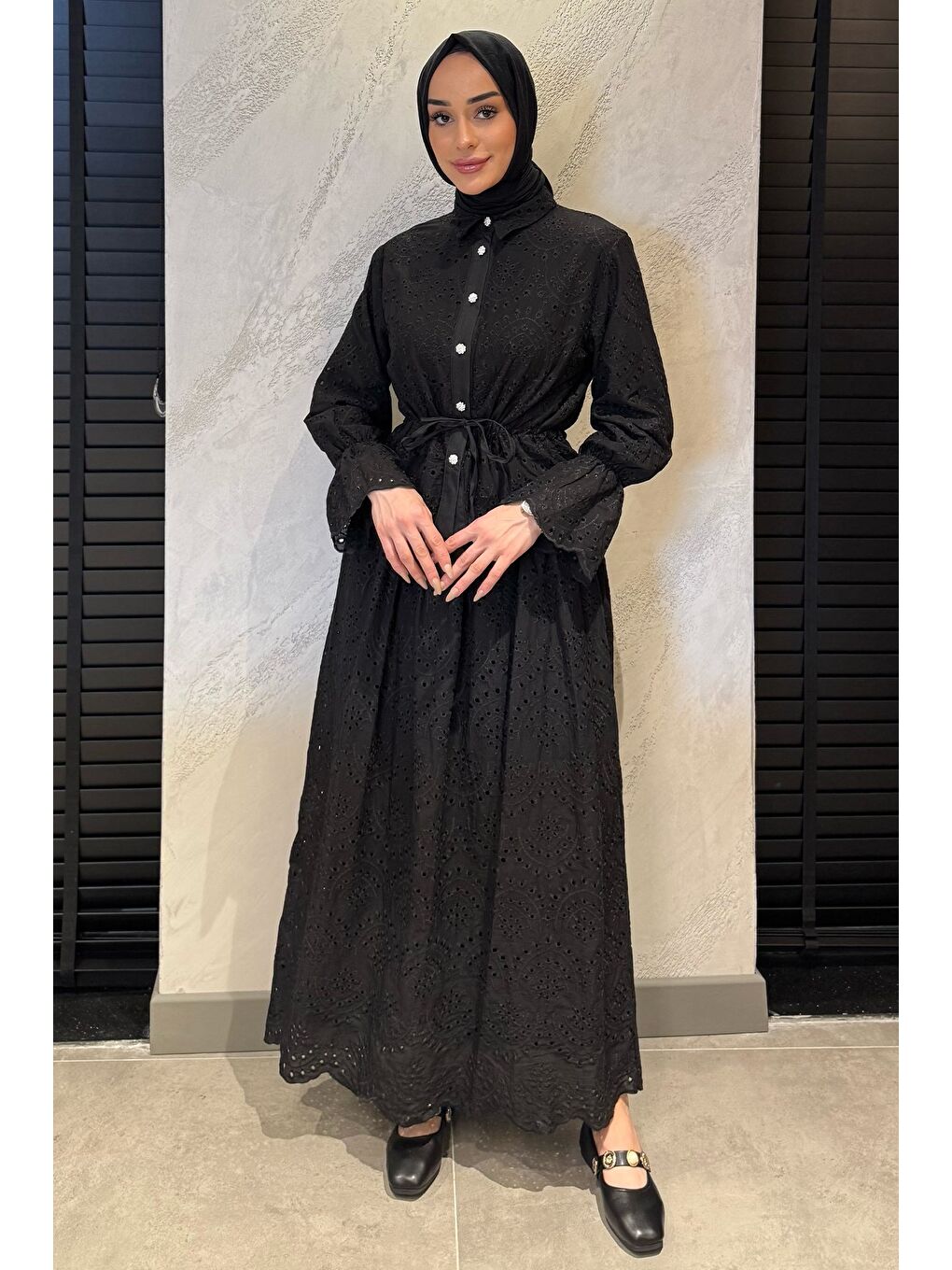 Siyah Kadın Fistolu Bel Bağlamalı Tunik Etek Tesettür İkili Takım-2