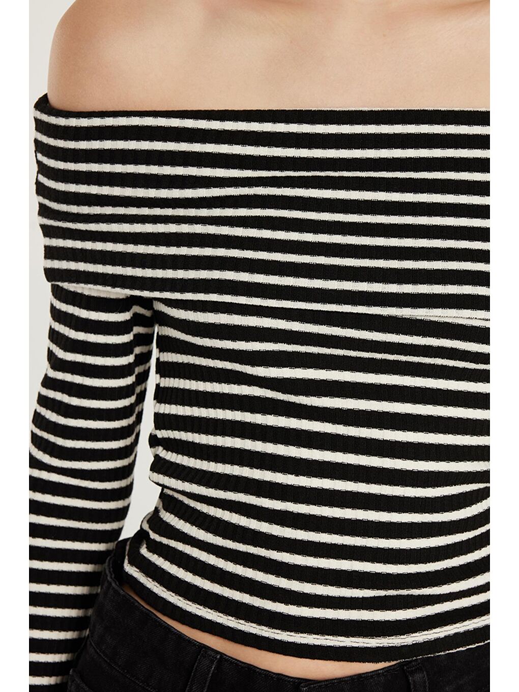 Karışık Kadın Slim Fit Dar Kesim Fitilli Straplez Çizgili Bluz-2