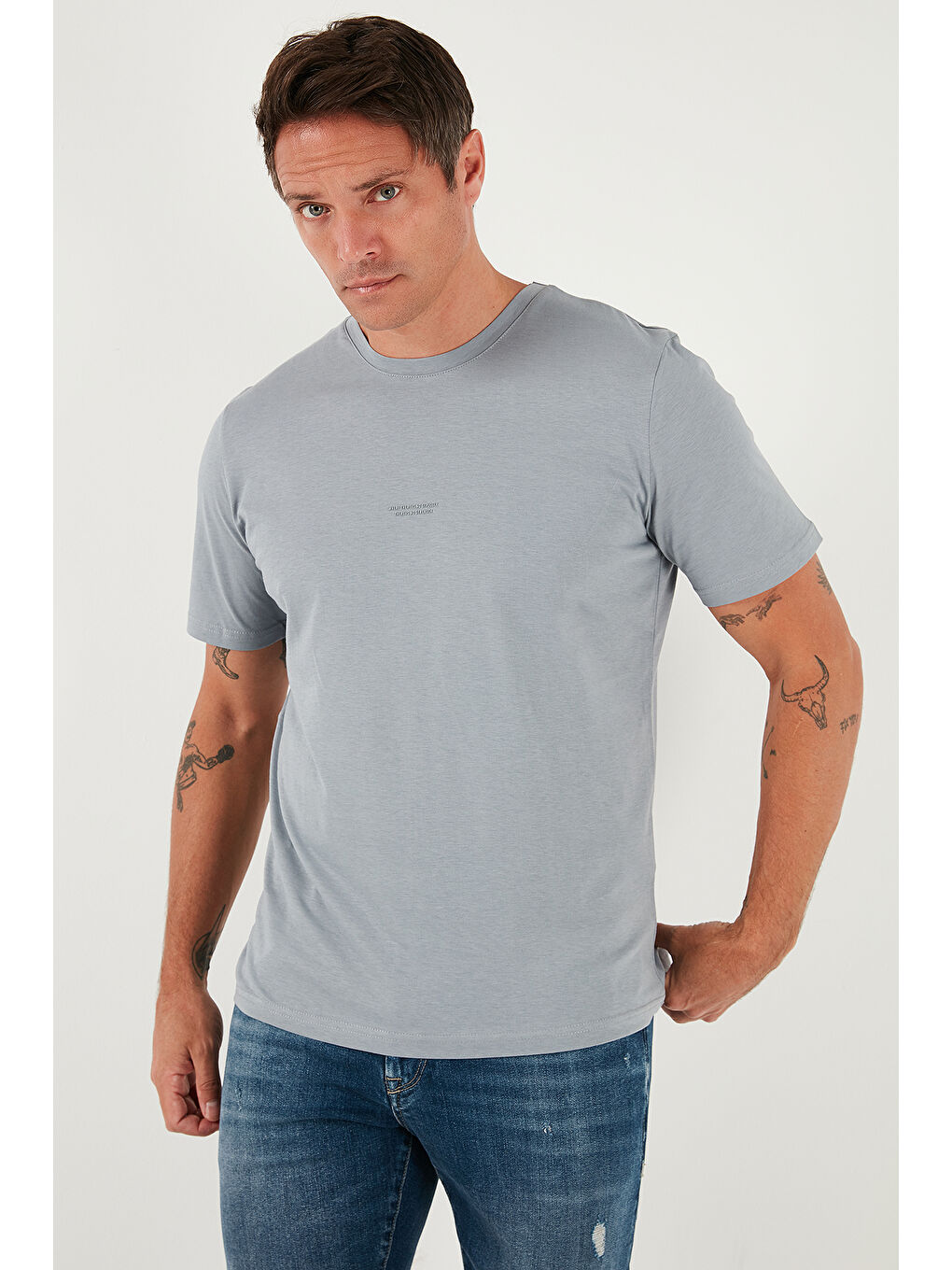 Gri Yazı Detaylı Pamuklu Regular Fit Bisiklet Yaka T Shirt 59020203-3