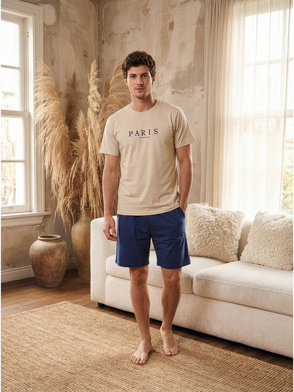 Ekru %100 Pamuklu Kısa Kollu Cepli Erkek Şortlu Pijama Takımı 2016