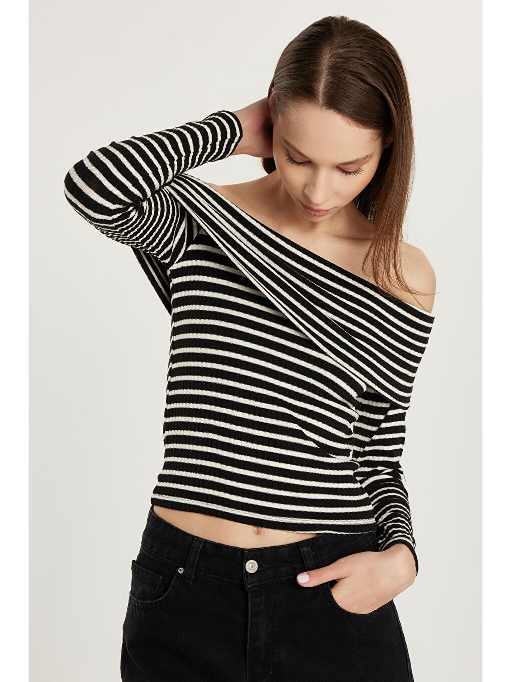 Karışık Kadın Slim Fit Dar Kesim Fitilli Straplez Çizgili Bluz-3