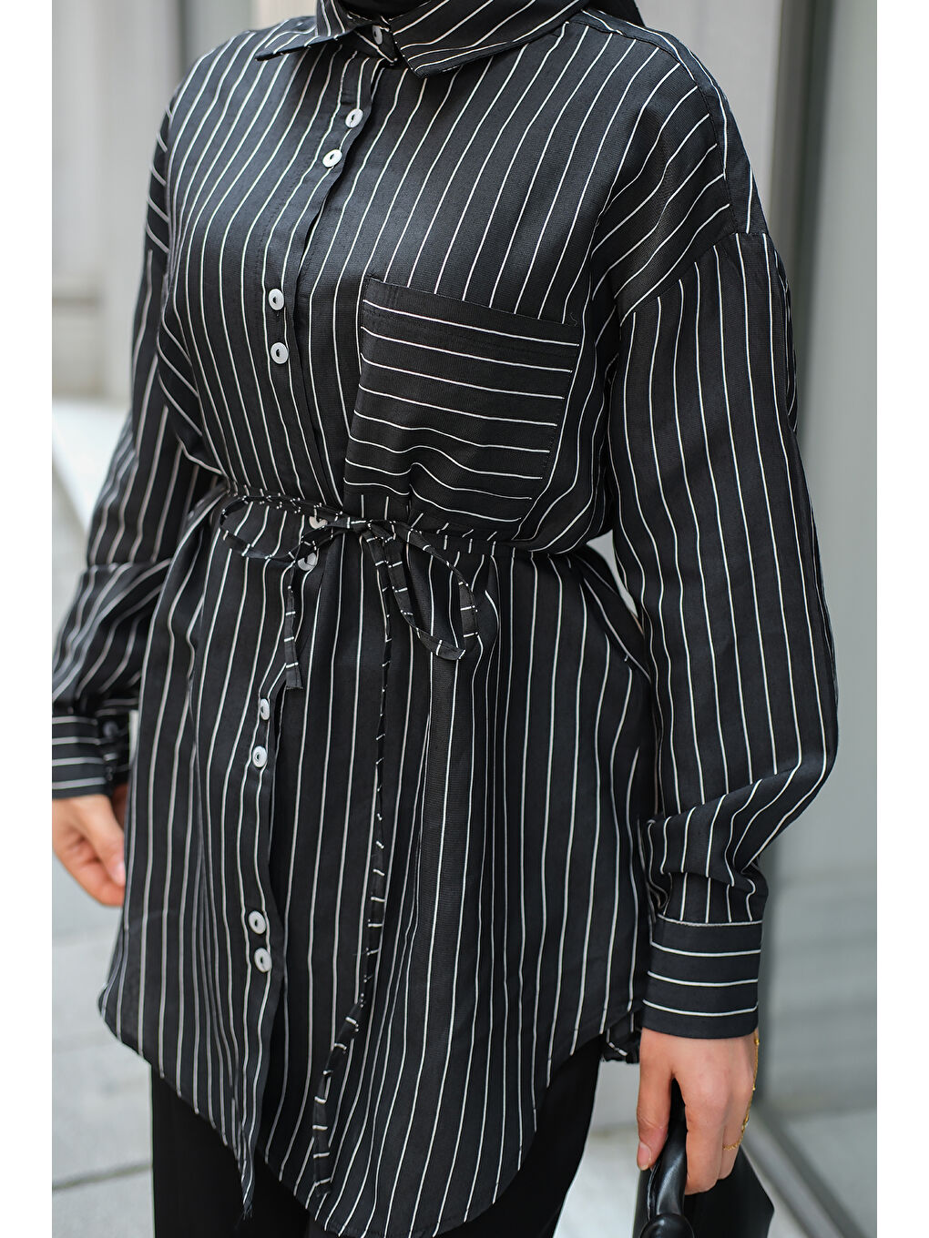 Kadın Çizgili Gömlek Siyah-4