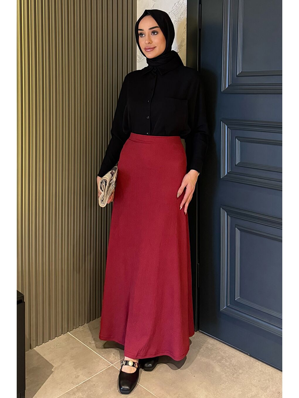 Bordo Kadın Düz Renk Bel Lastikli Bürümcük Tesettür Kiloş Etek-1