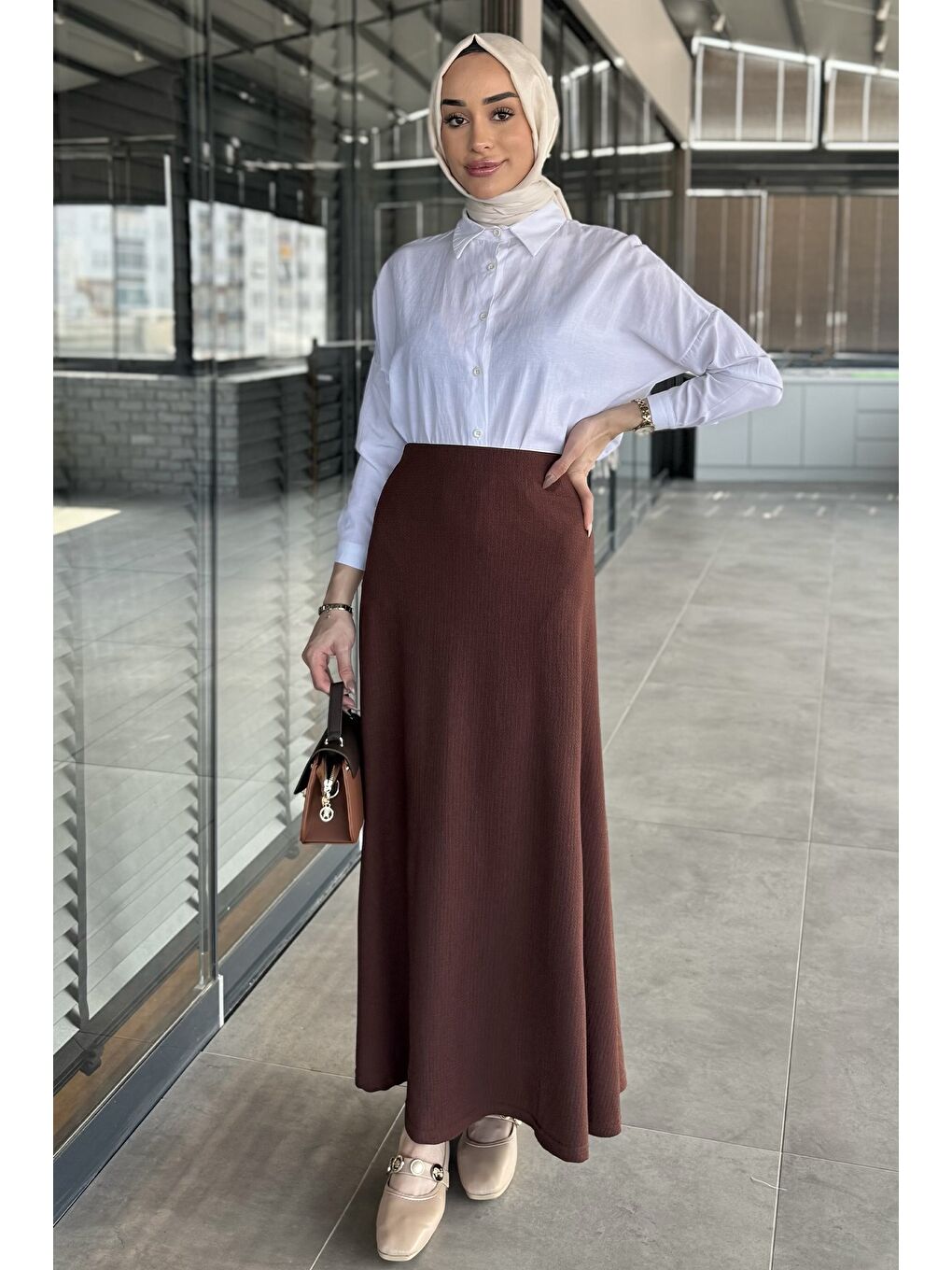 Kahverengi Kadın Düz Renk Bel Lastikli Bürümcük Tesettür Kiloş Etek