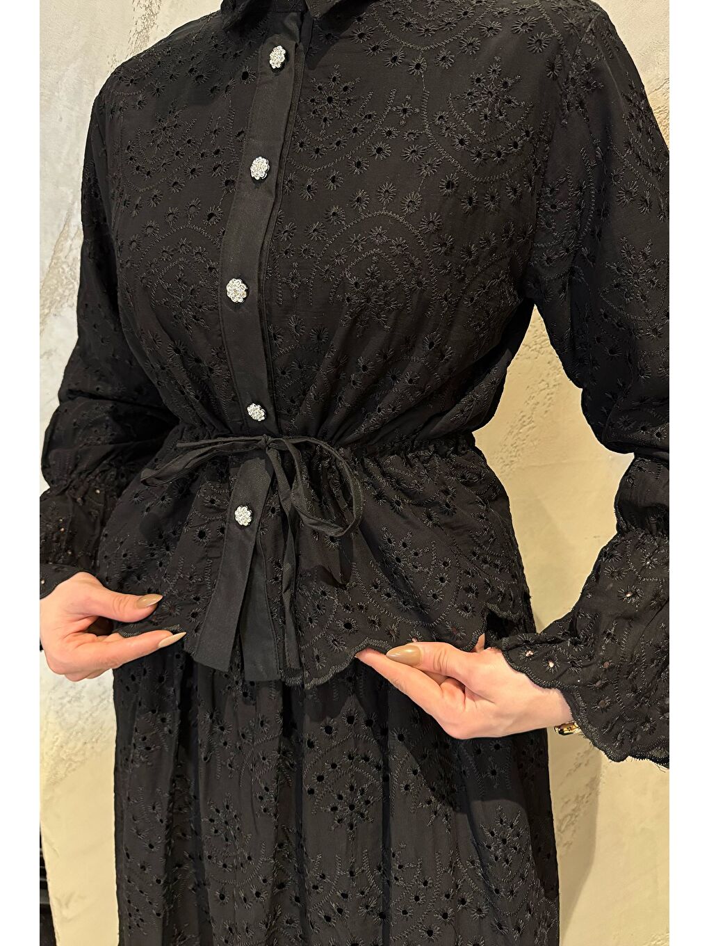 Siyah Kadın Fistolu Bel Bağlamalı Tunik Etek Tesettür İkili Takım-4