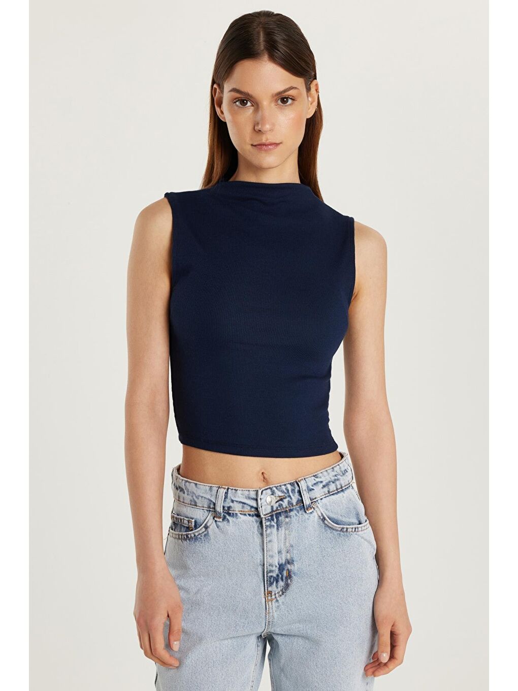 Kadın Slim Fit Dar Kesim Sıfır Kol Fitilli Modal Kumaş Lacivert Bluz