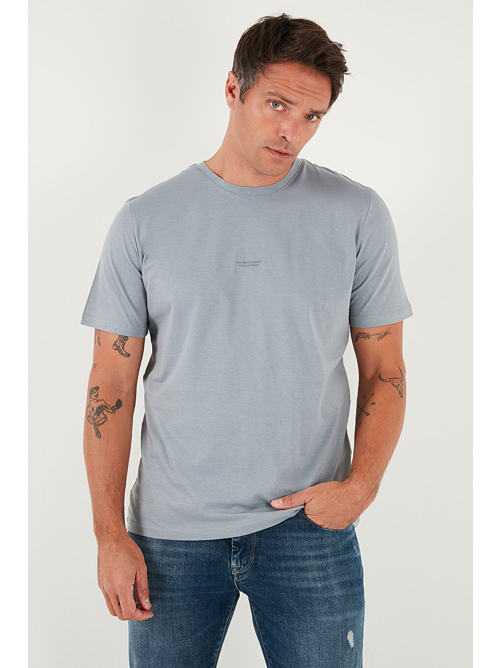 Gri Yazı Detaylı Pamuklu Regular Fit Bisiklet Yaka T Shirt 59020203-4