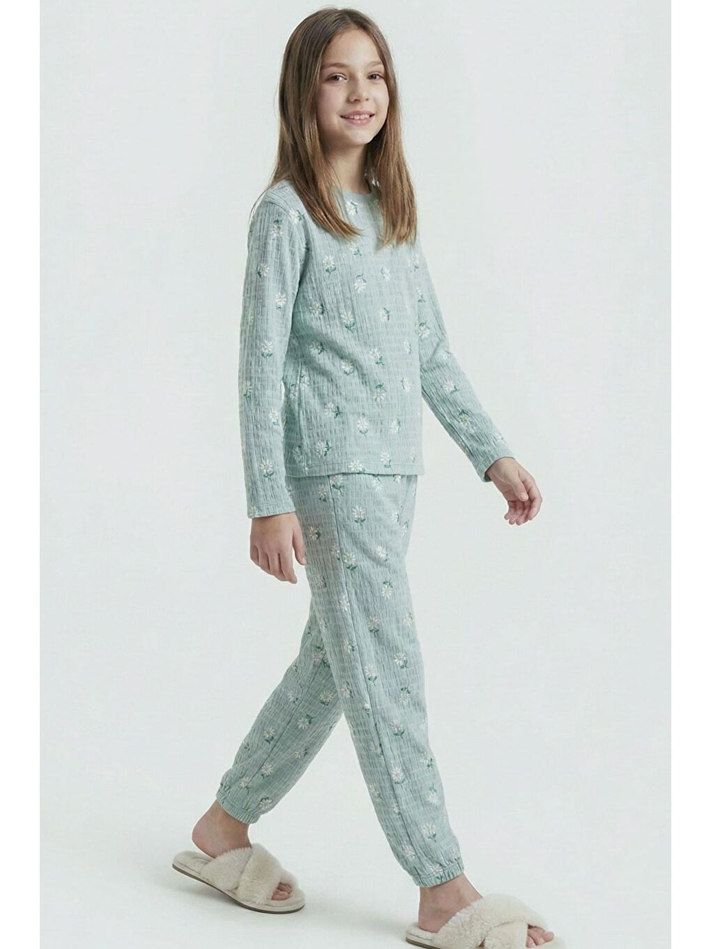 Turkuaz Kız Çocuk Pijama Takımı Papatya Desenli Su Yeşili (9-11 Yaş)-1