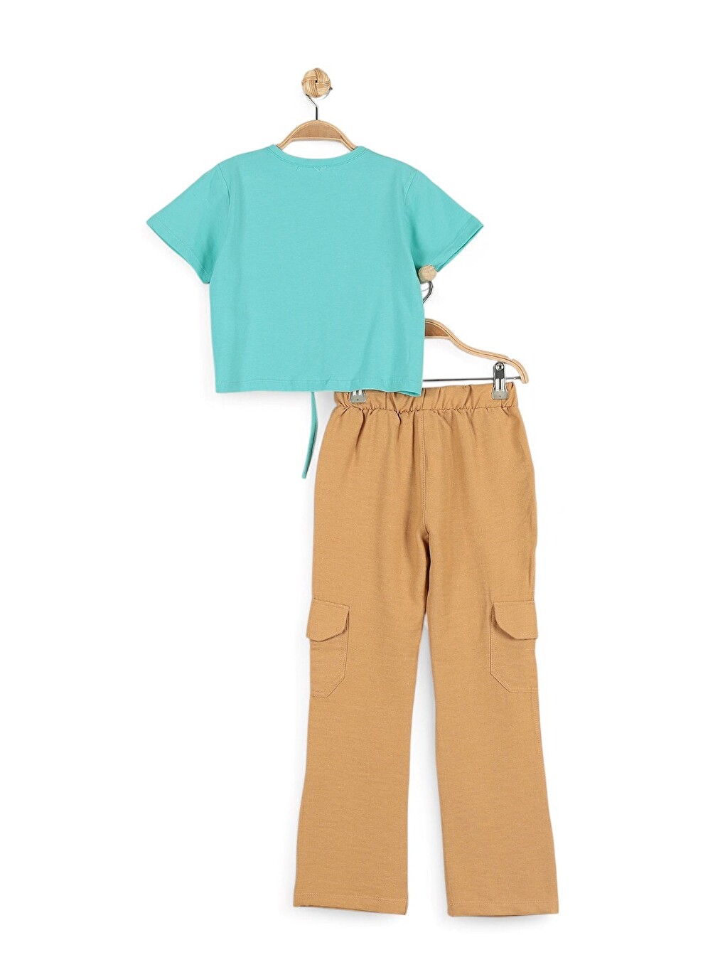 Turkuaz Kız Çocuk 6-7-8-9 Yaş Yazlık Kargo Cepli Keten Pantalonlu Alt Üst Takım-3