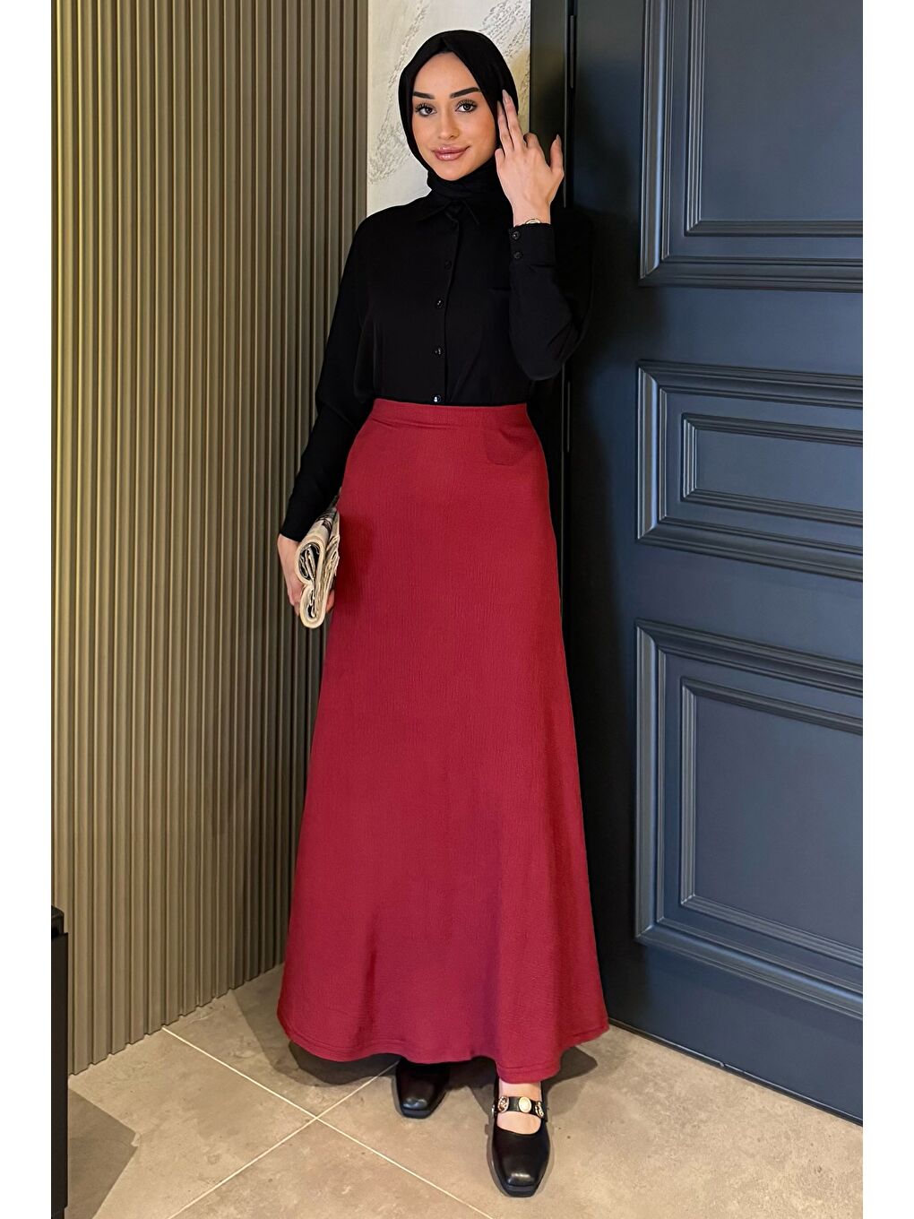 Bordo Kadın Düz Renk Bel Lastikli Bürümcük Tesettür Kiloş Etek-3