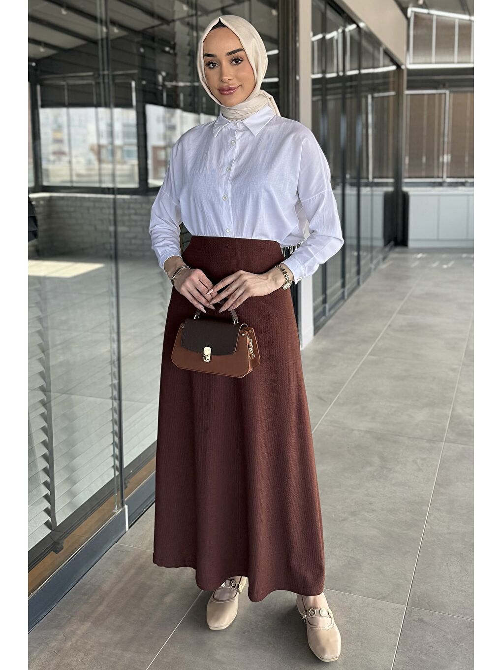 Kahverengi Kadın Düz Renk Bel Lastikli Bürümcük Tesettür Kiloş Etek-2